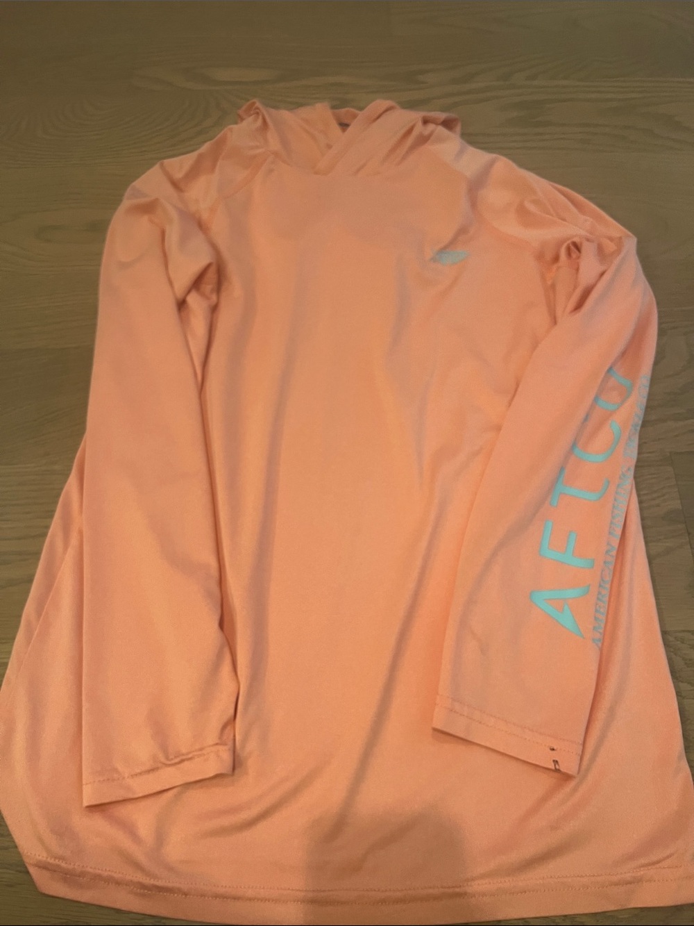 AFTCO Peach Hooded Long Sleeve Performance Top with Teal Logo